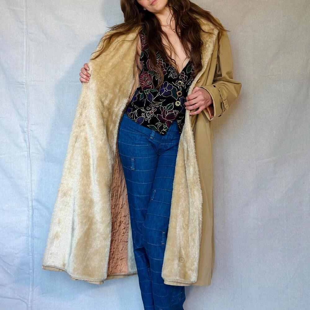70s Tan Faux Shearling Trench Coat